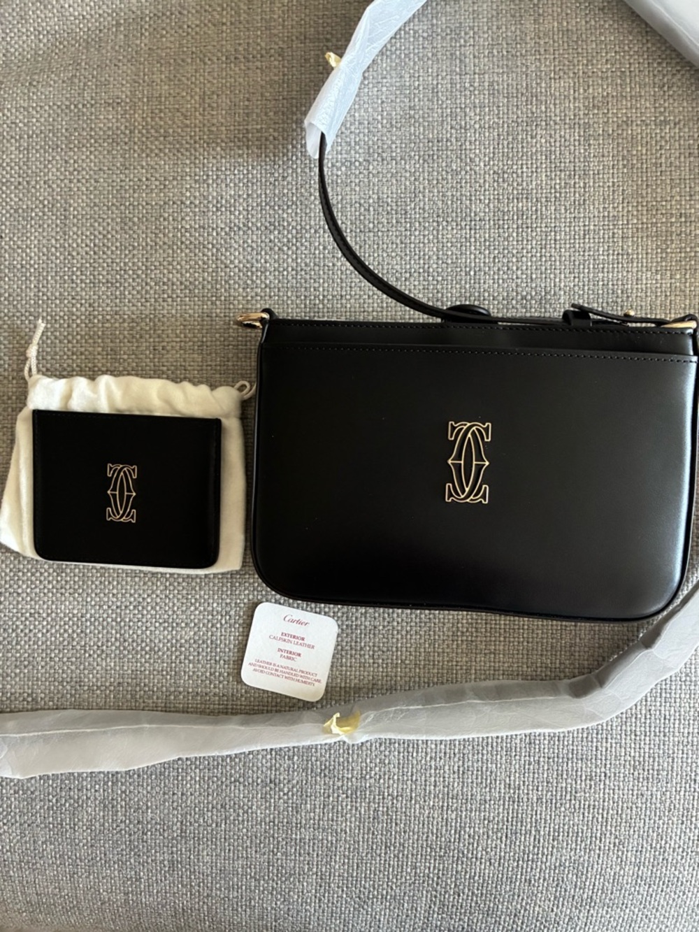 Cartier Black Leather Shoulder Bag with Gold Logo Accent